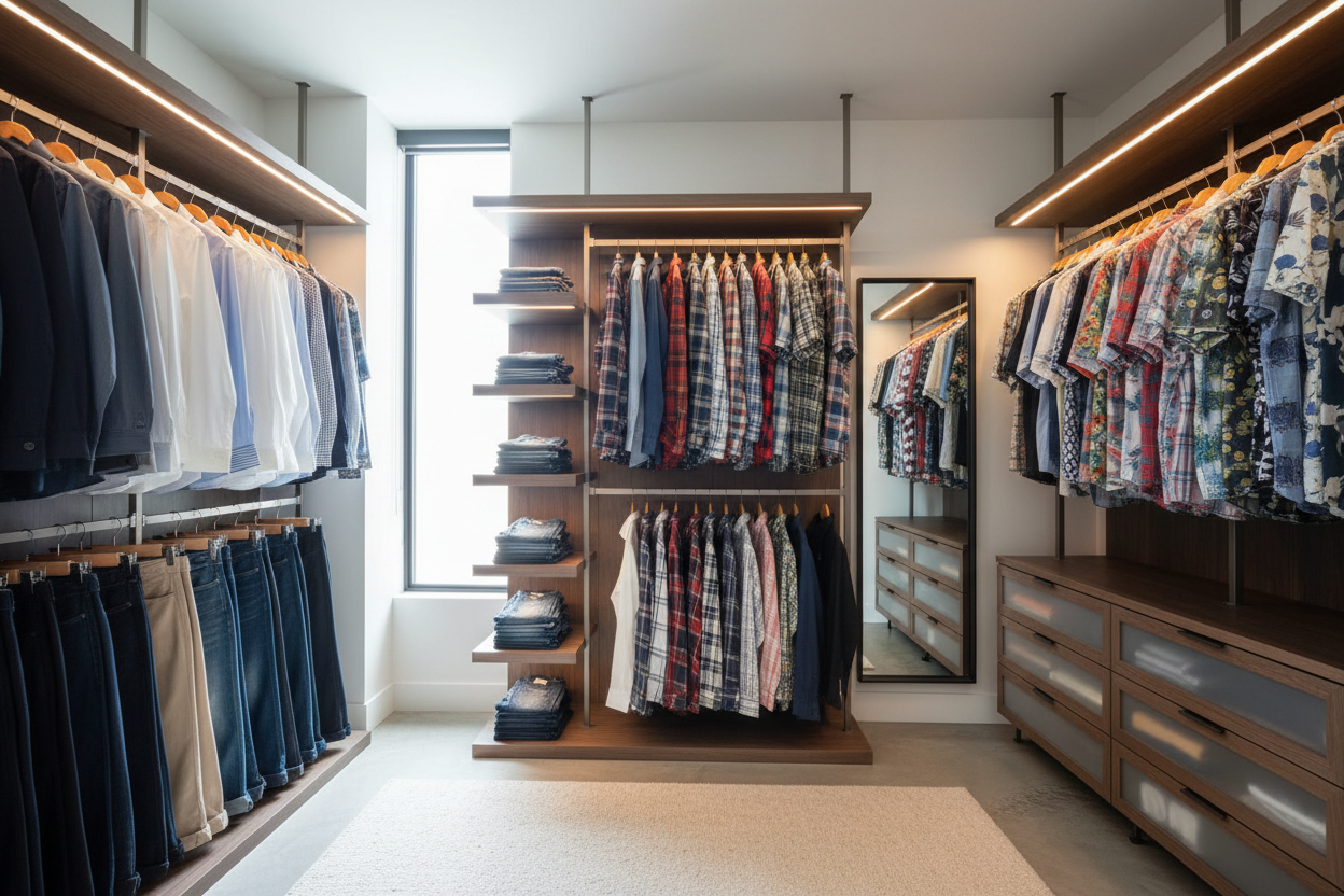 another wardrobe with clothes like formal pants shirts bootcut jeans flannel shirts printed shirts