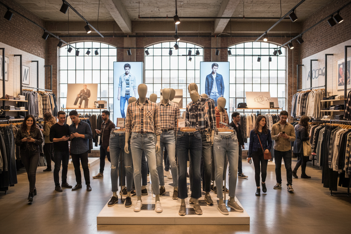 clothes market with jeans and shirts trending