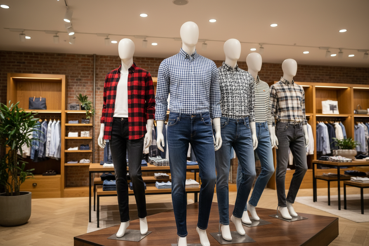 make background with more realistic and mannequine wearing straight fit jeans with their matching printed check and other trending shirts